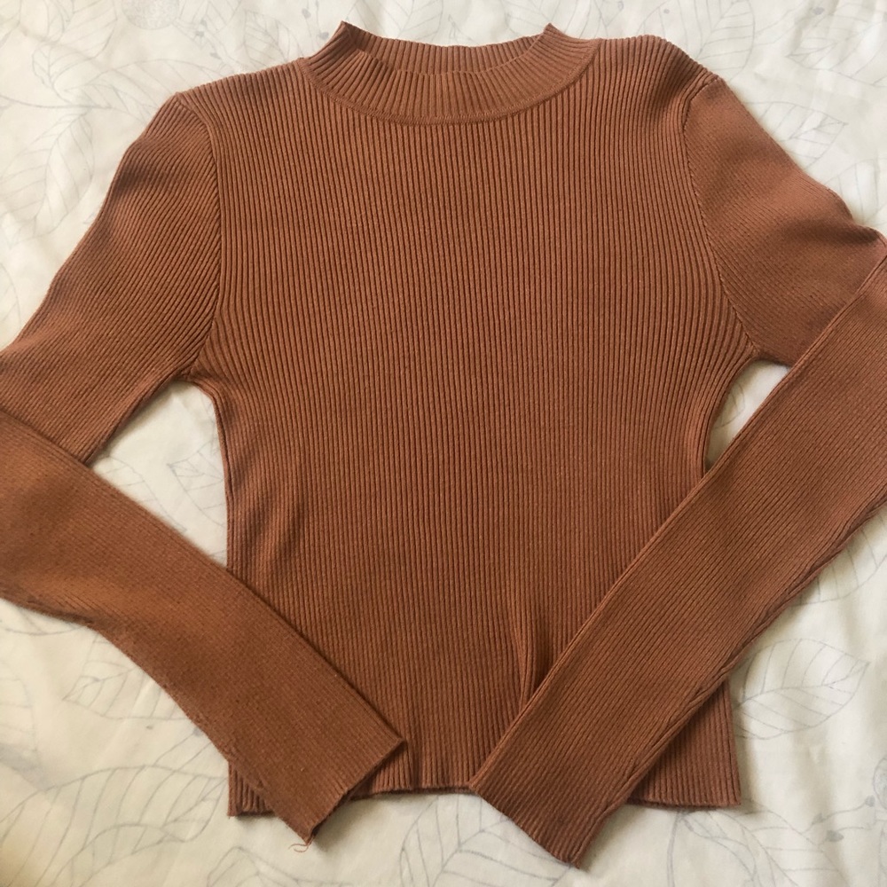 Tan Ribbed Mock Neck Long Sleeve